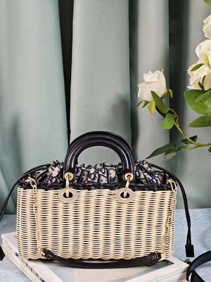 Dior M0540 Medium Lady Dior Bag D-joy Natural Wicker navy Blue Dior Oblique Jacquard - Default Title - View 7