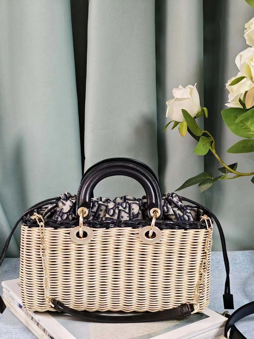 Dior M0540 Medium Lady Dior Bag D-joy Natural Wicker navy Blue Dior Oblique Jacquard - Default Title - View 7