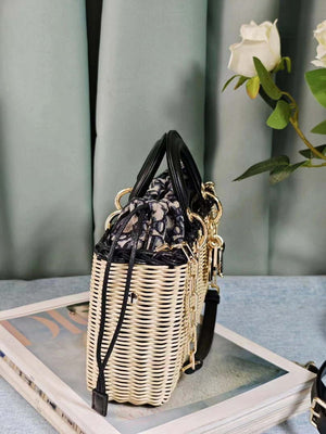 Dior M0540 Medium Lady Dior Bag D-joy Natural Wicker navy Blue Dior Oblique Jacquard - Default Title - View 8