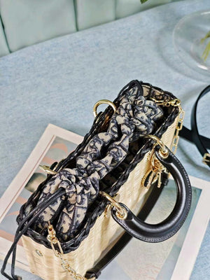 Dior M0540 Medium Lady Dior Bag D-joy Natural Wicker navy Blue Dior Oblique Jacquard - Default Title - View 10