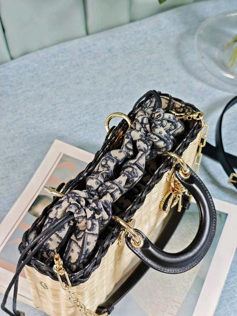 Dior M0540 Medium Lady Dior Bag D-joy Natural Wicker navy Blue Dior Oblique Jacquard