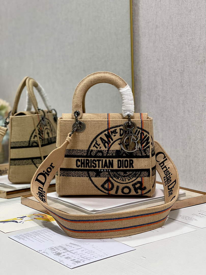 Dior M0565 Lady D-Life Medium Bag Beige Union Jute Fabric - Default Title - View 1