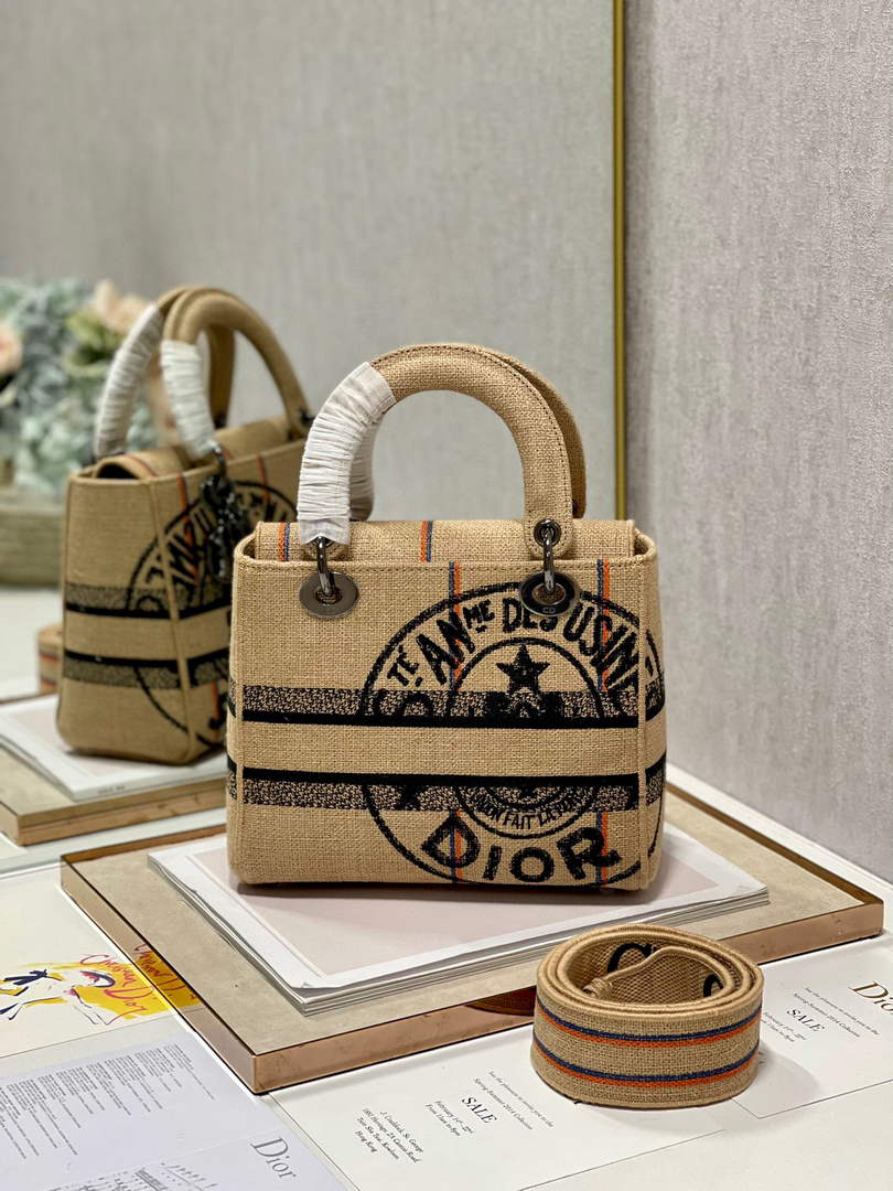 Dior M0565 Lady D-Life Medium Bag Beige Union Jute Fabric