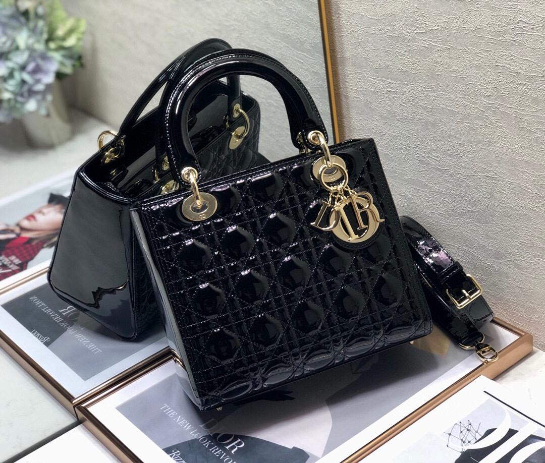 Dior M0565 Lady Dior Medium Tote Bag M950 Black Patent Cannage Calfskin - Default Title - View 1