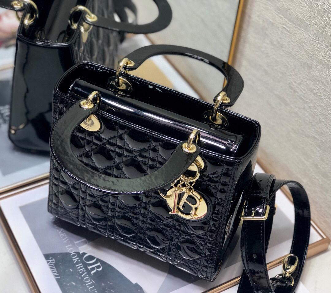 Dior M0565 Lady Dior Medium Tote Bag M950 Black Patent Cannage Calfskin - Default Title - View 7