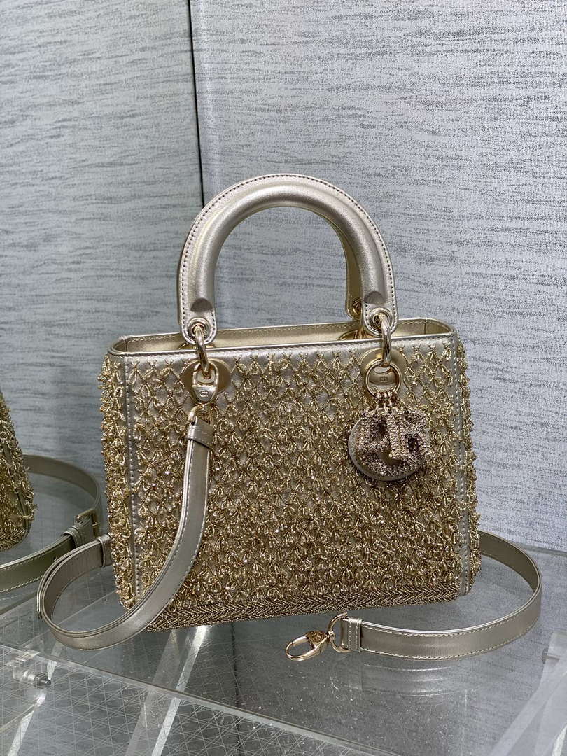 Dior M0565 Medium Lady D-Life Bag Beaded crystal pendant embroidered Gold - Default Title - View 1