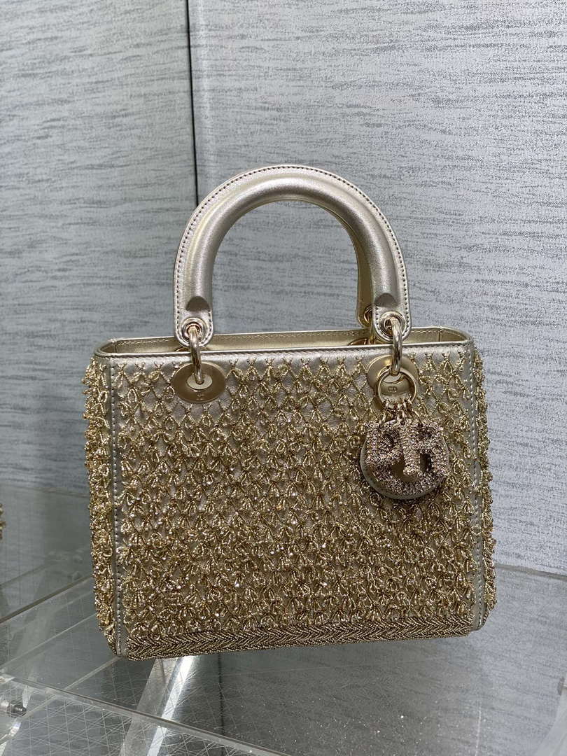 Dior M0565 Medium Lady D-Life Bag Beaded crystal pendant embroidered Gold