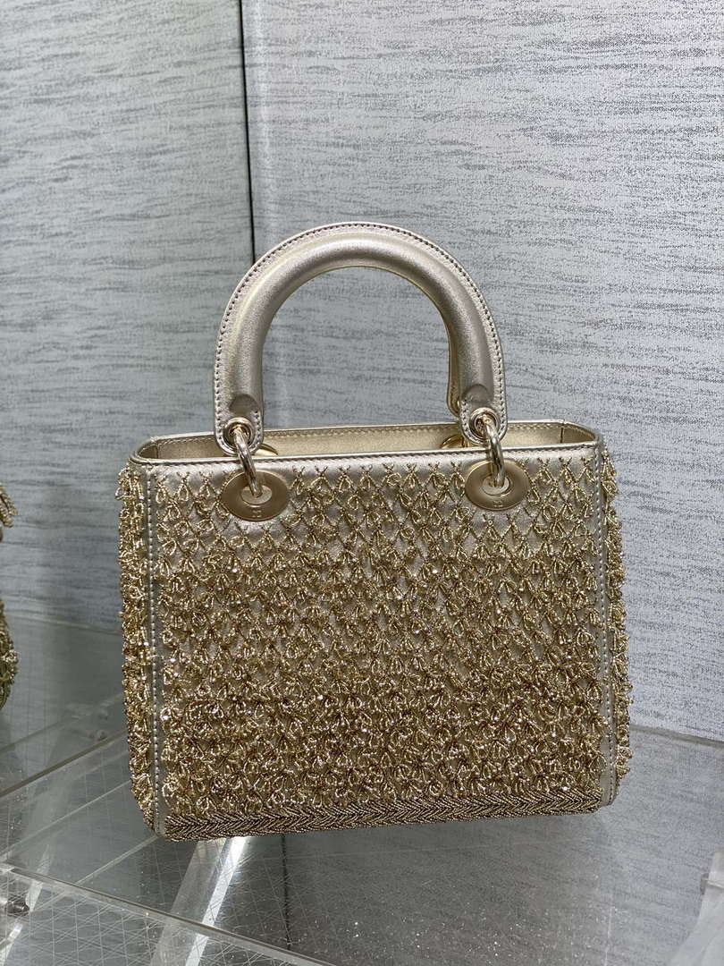 Dior M0565 Medium Lady D-Life Bag Beaded crystal pendant embroidered Gold