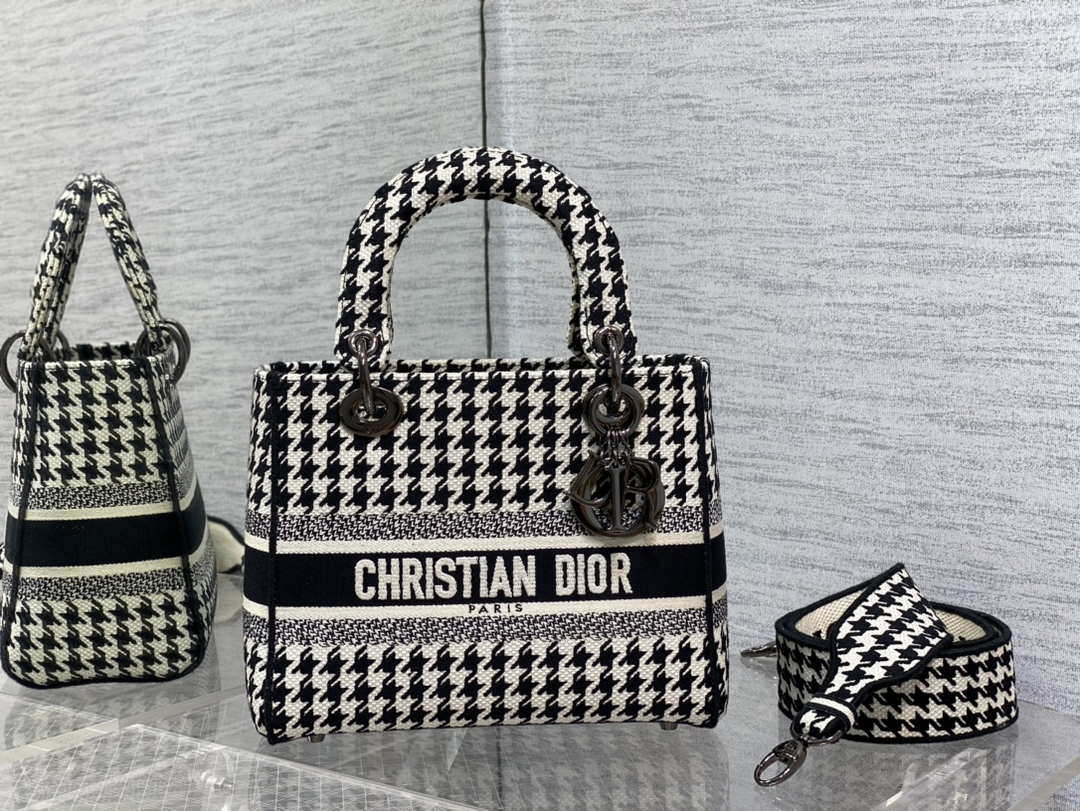 Dior M0565 Medium Lady D-Life Bag Black and White Houndstooth Embroidery - Default Title - View 1