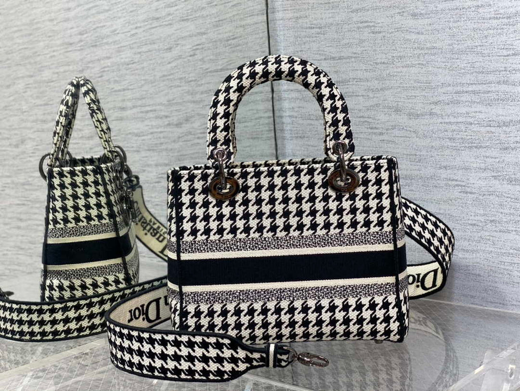 Dior M0565 Medium Lady D-Life Bag Black and White Houndstooth Embroidery