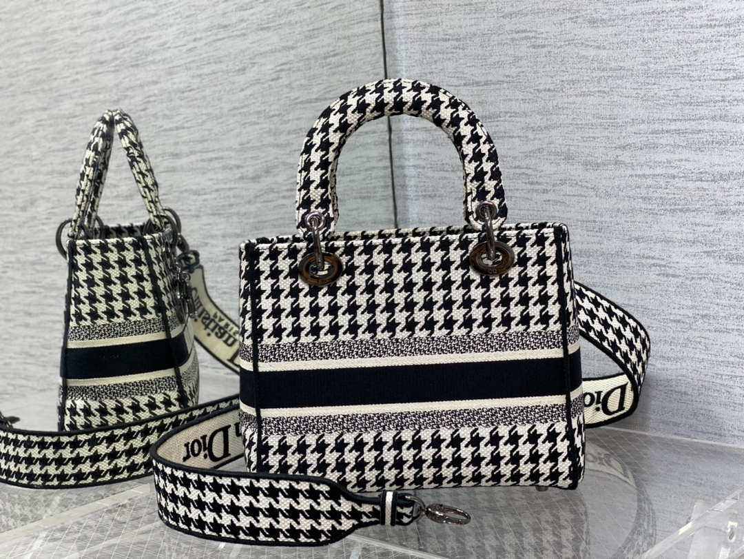 Dior M0565 Medium Lady D-Life Bag Black and White Houndstooth Embroidery - Default Title - View 5