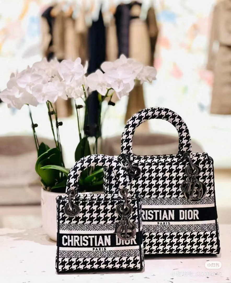 Dior M0565 Medium Lady D-Life Bag Black and White Houndstooth Embroidery - Default Title - View 10