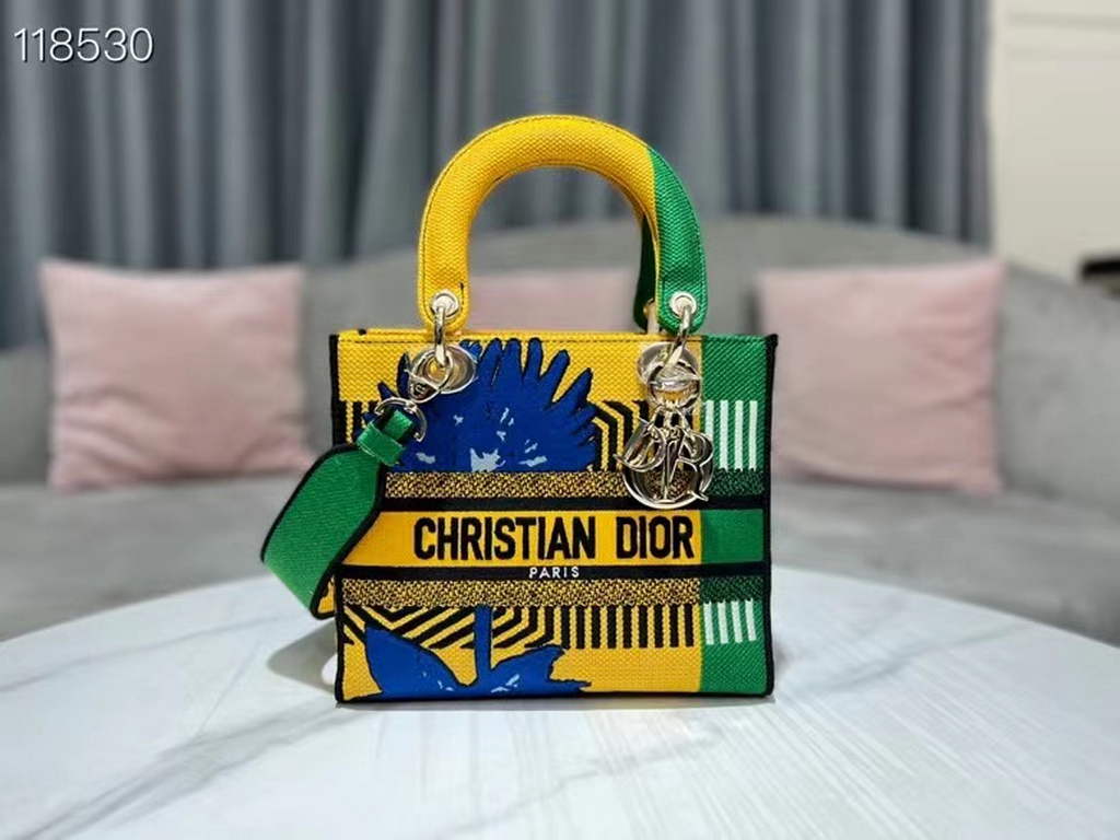 Dior M0565 Medium Lady D-Life Bag Brigh Yellow and Green D-flower Pop Embroidery