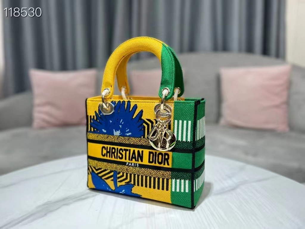 Dior M0565 Medium Lady D-Life Bag Brigh Yellow and Green D-flower Pop Embroidery