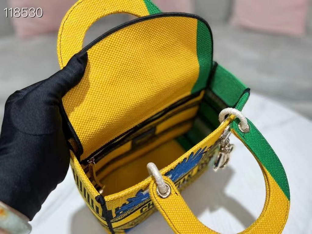 Dior M0565 Medium Lady D-Life Bag Brigh Yellow and Green D-flower Pop Embroidery