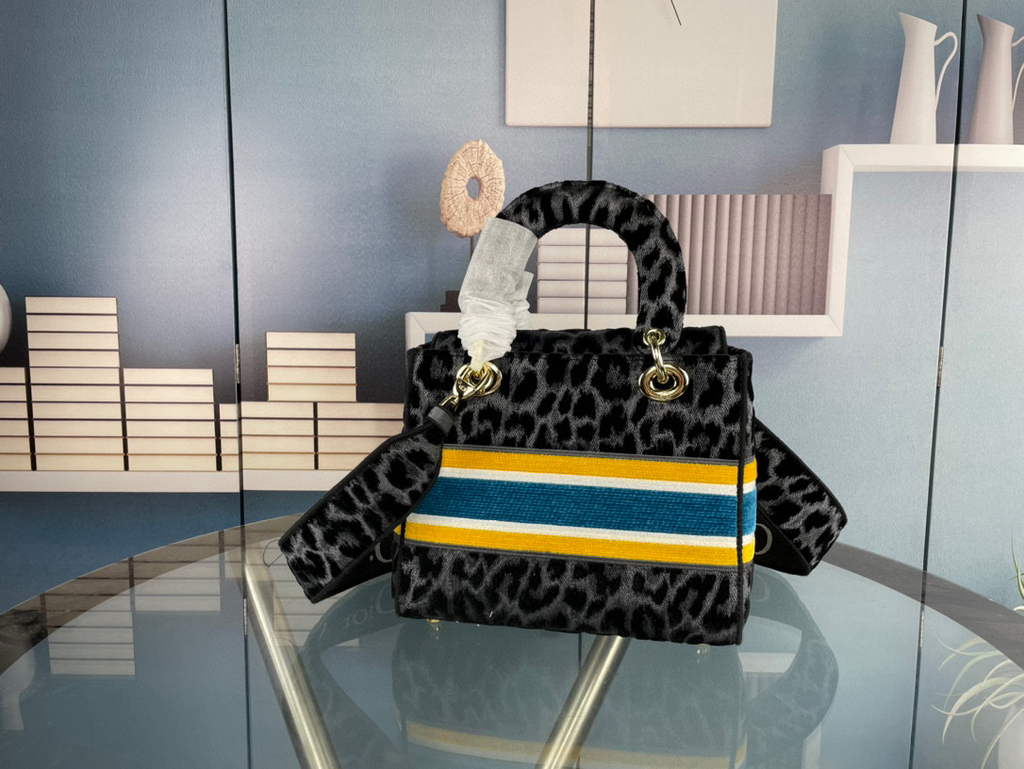 Dior M0565 Medium Lady D-Life Bag Mizza Embroidery Blue and Black with Yellow
