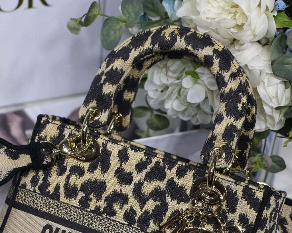 Dior M0565 Medium Lady D-Lite Bag Beige and Black Mizza Embroidery