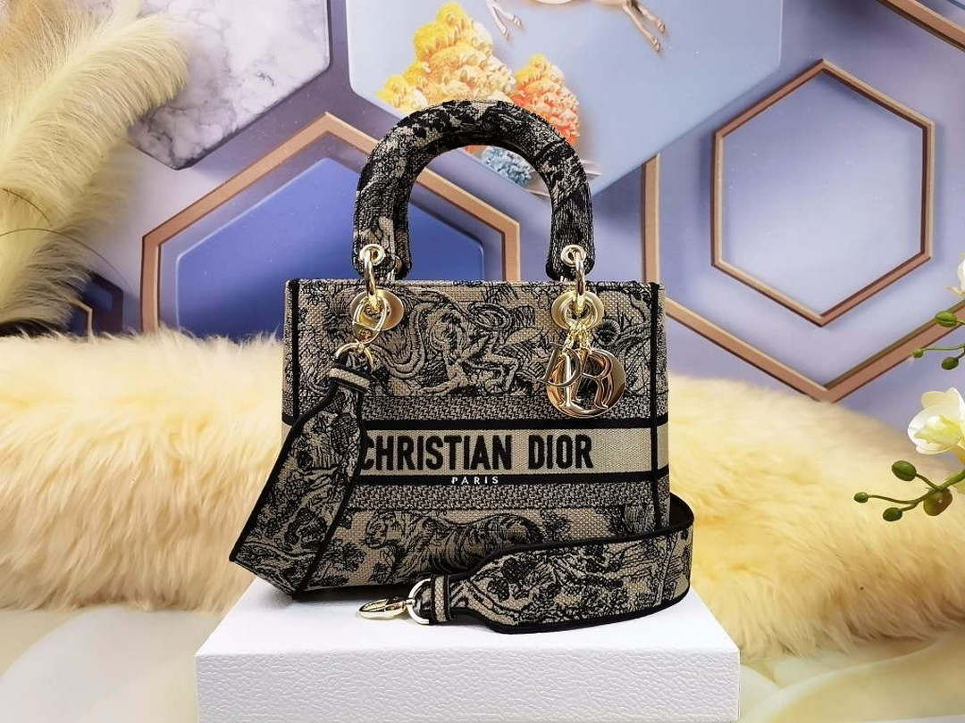 Dior M0565 Medium Lady D-Lite Bag Chocolate Brown and Black Toile de Jouy Embroidery - Default Title - View 1