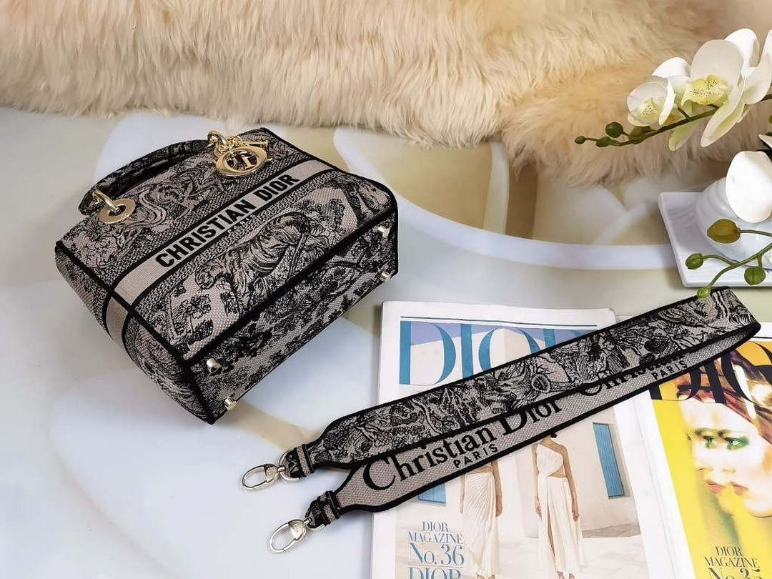 Dior M0565 Medium Lady D-Lite Bag Chocolate Brown and Black Toile de Jouy Embroidery - Default Title - View 6