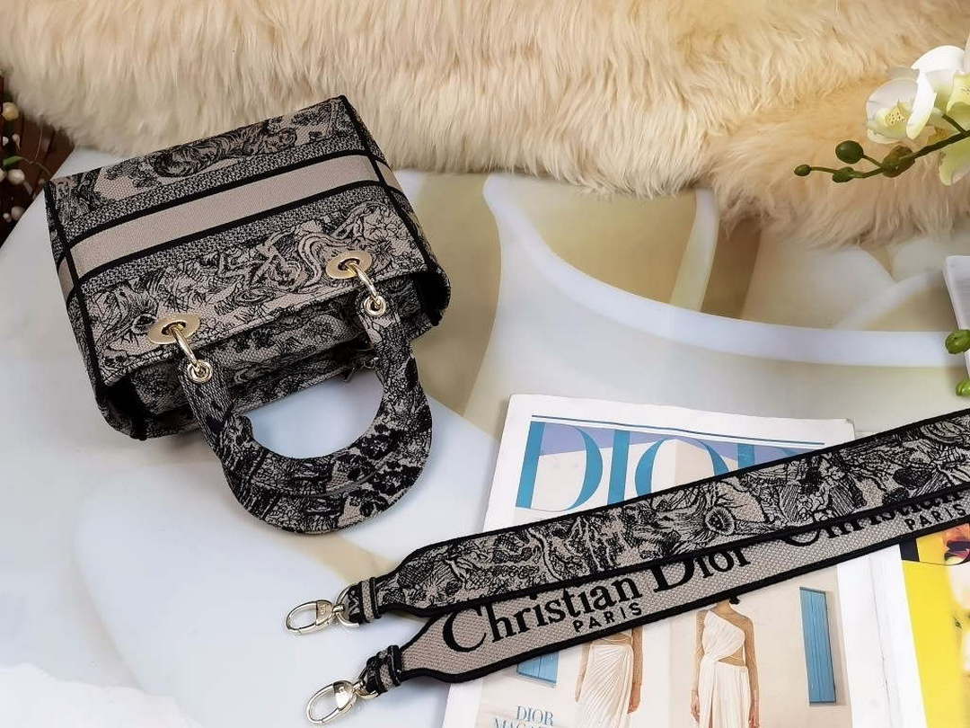 Dior M0565 Medium Lady D-Lite Bag Chocolate Brown and Black Toile de Jouy Embroidery - Default Title - View 7
