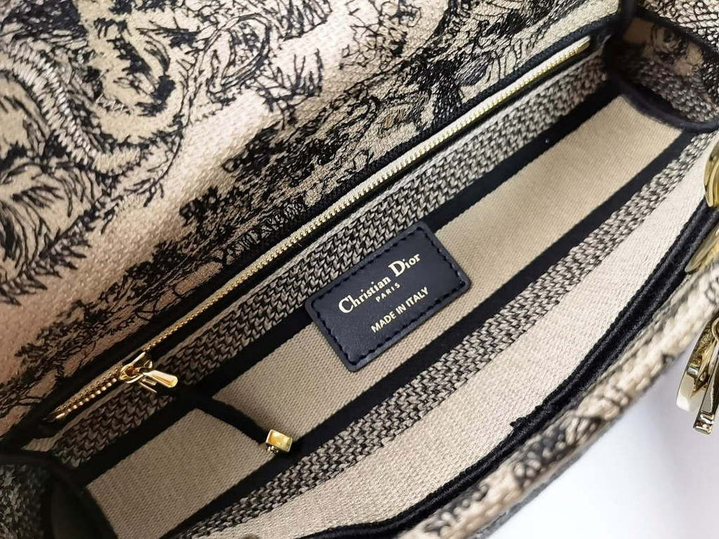 Dior M0565 Medium Lady D-Lite Bag Chocolate Brown and Black Toile de Jouy Embroidery