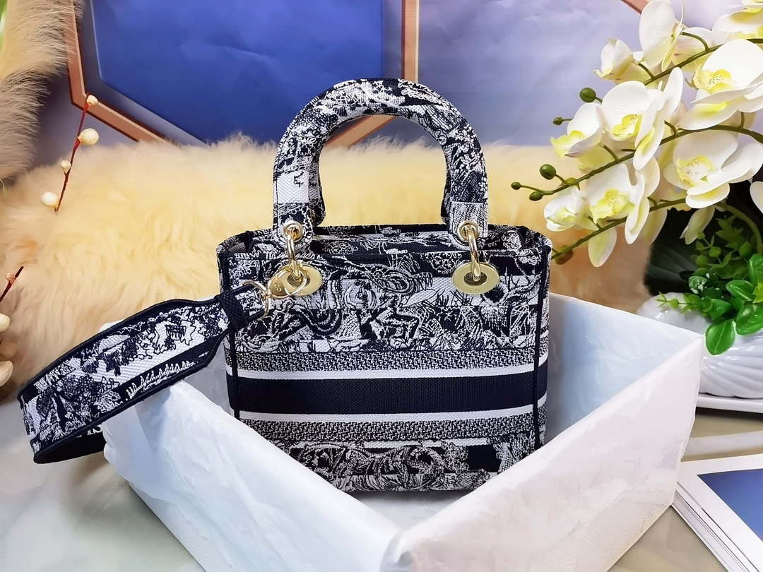 Dior M0565 Medium Lady D-Lite Black and White Toile de Jouy Embroidery M1021