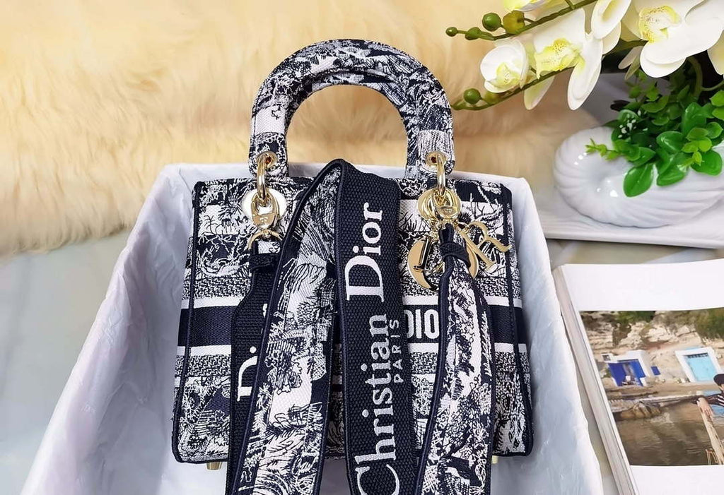 Dior M0565 Medium Lady D-Lite Black and White Toile de Jouy Embroidery M1021