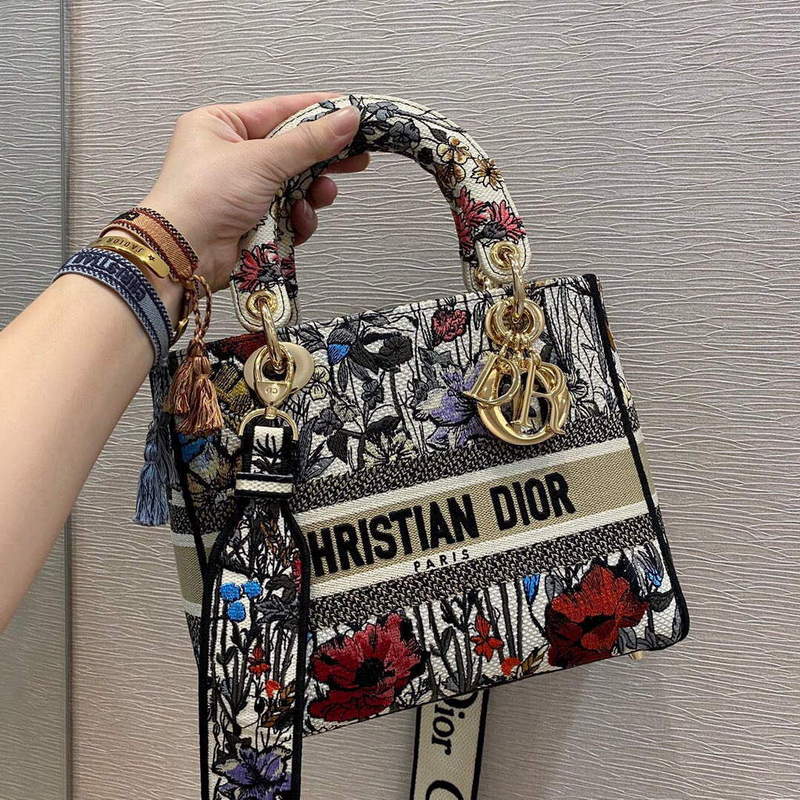 Dior M0565 Medium Lady D-lite Embroidery Bag Black red - Default Title - View 1