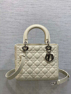 Dior M0565 Medium Lady Dior Bag Beige Grained Cannage Calfskin Silver - Default Title - View 1