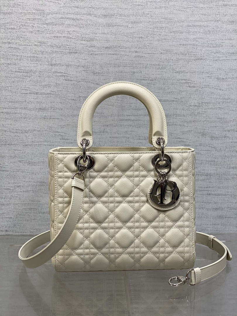 Dior M0565 Medium Lady Dior Bag Beige Grained Cannage Calfskin Silver