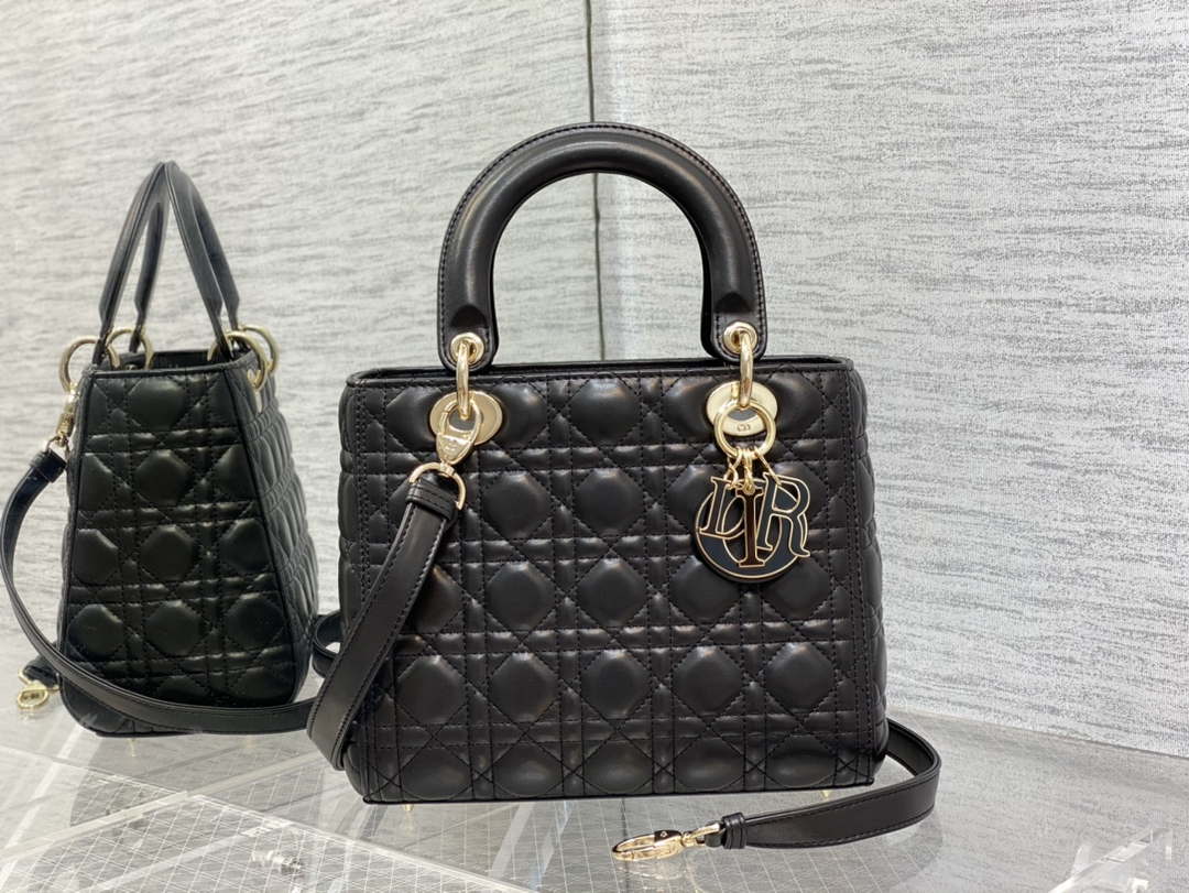 Dior M0565 Medium Lady Dior Bag Black Cannage Lambskin Enamel Hardware - Default Title - View 1