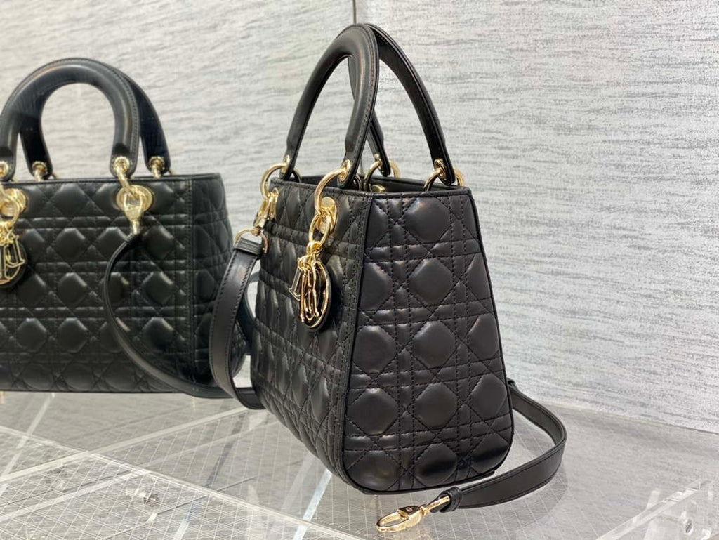 Dior M0565 Medium Lady Dior Bag Black Cannage Lambskin Enamel Hardware