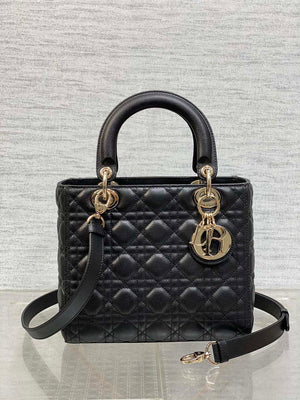 Dior M0565 Medium Lady Dior Bag Black Grained Cannage Calfskin Gold - Default Title - View 1