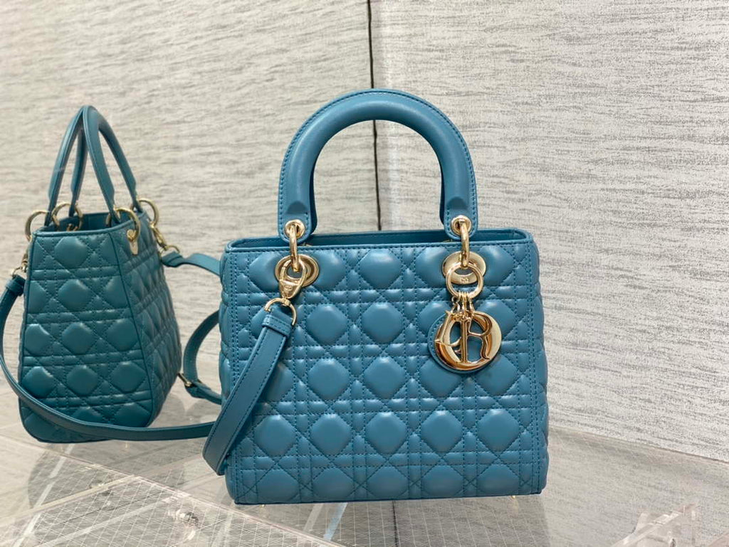 Dior M0565 Medium Lady Dior Bag Blue Cannage Lambskin Gold