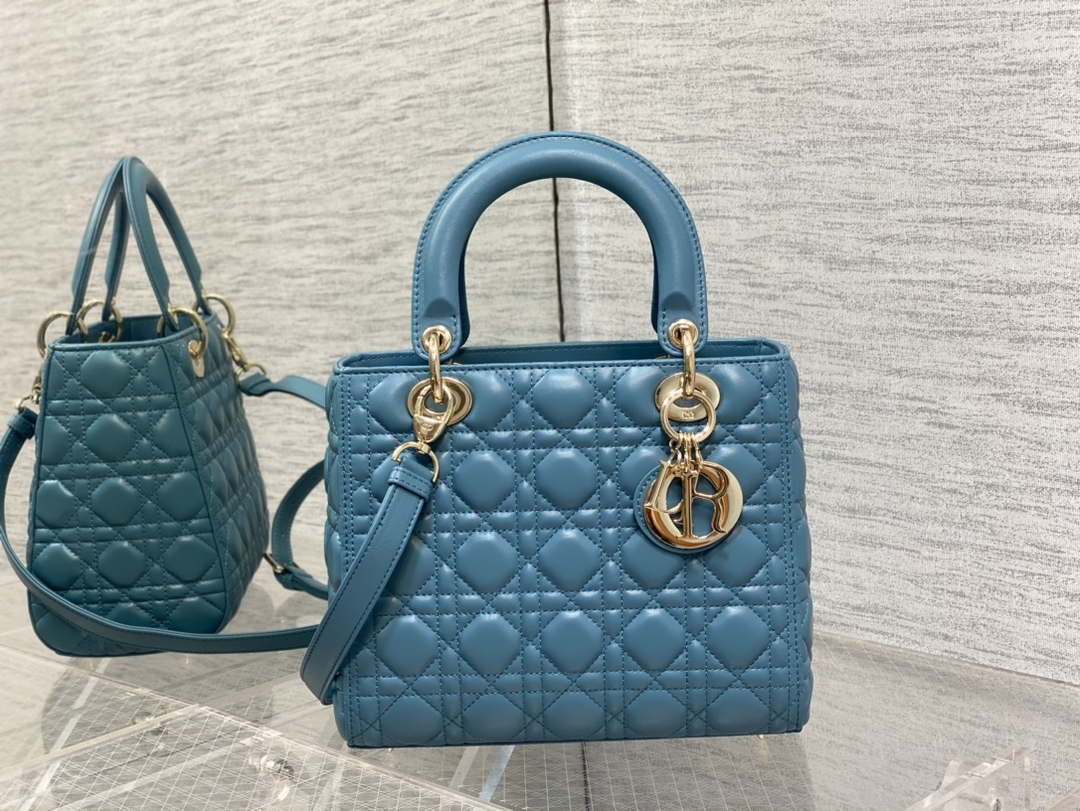Dior M0565 Medium Lady Dior Bag Blue Cannage Lambskin Gold - Default Title - View 1
