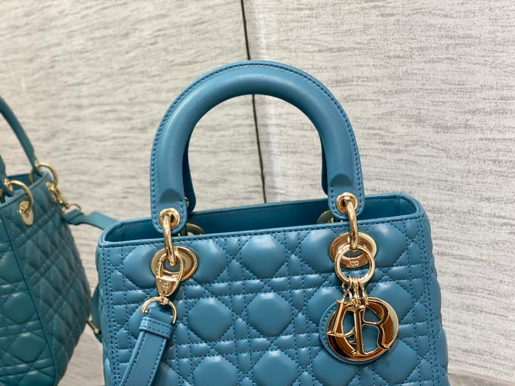 Dior M0565 Medium Lady Dior Bag Blue Cannage Lambskin Gold
