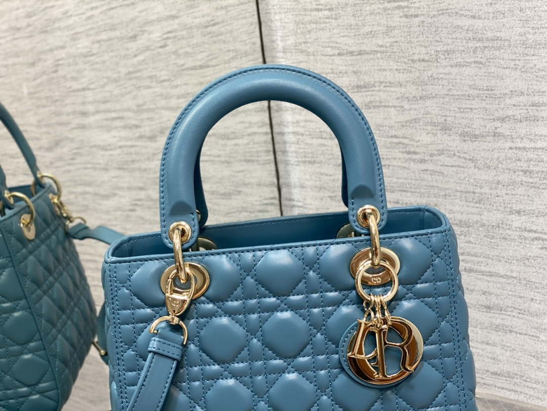 Dior M0565 Medium Lady Dior Bag Blue Cannage Lambskin Gold