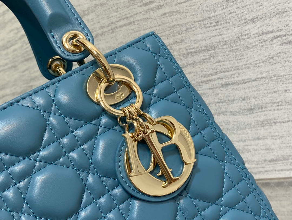 Dior M0565 Medium Lady Dior Bag Blue Cannage Lambskin Gold