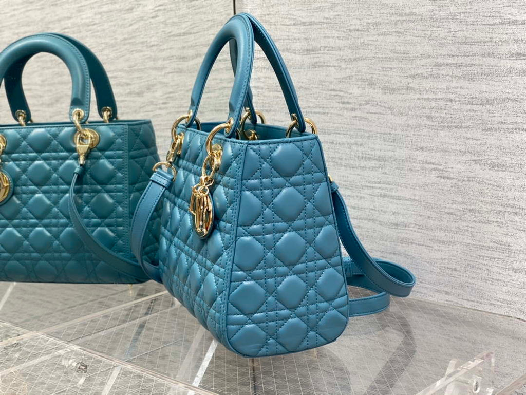 Dior M0565 Medium Lady Dior Bag Blue Cannage Lambskin Gold