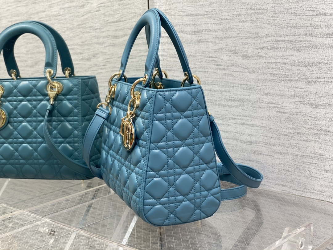 Dior M0565 Medium Lady Dior Bag Blue Cannage Lambskin Gold - Default Title - View 6