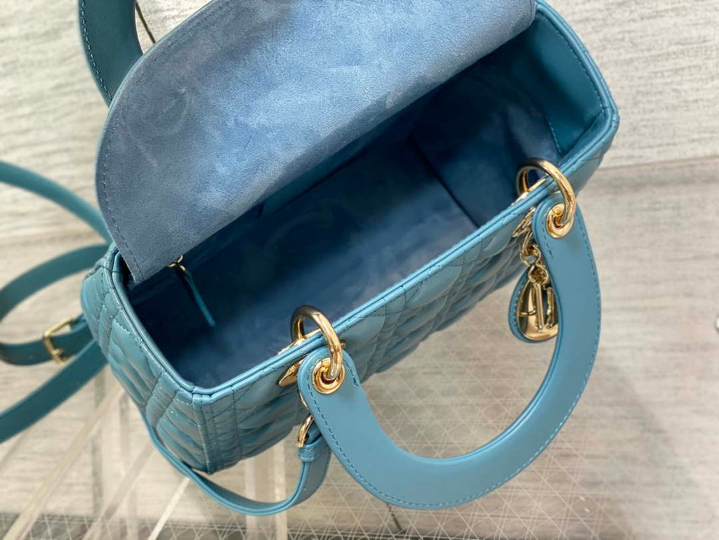 Dior M0565 Medium Lady Dior Bag Blue Cannage Lambskin Gold