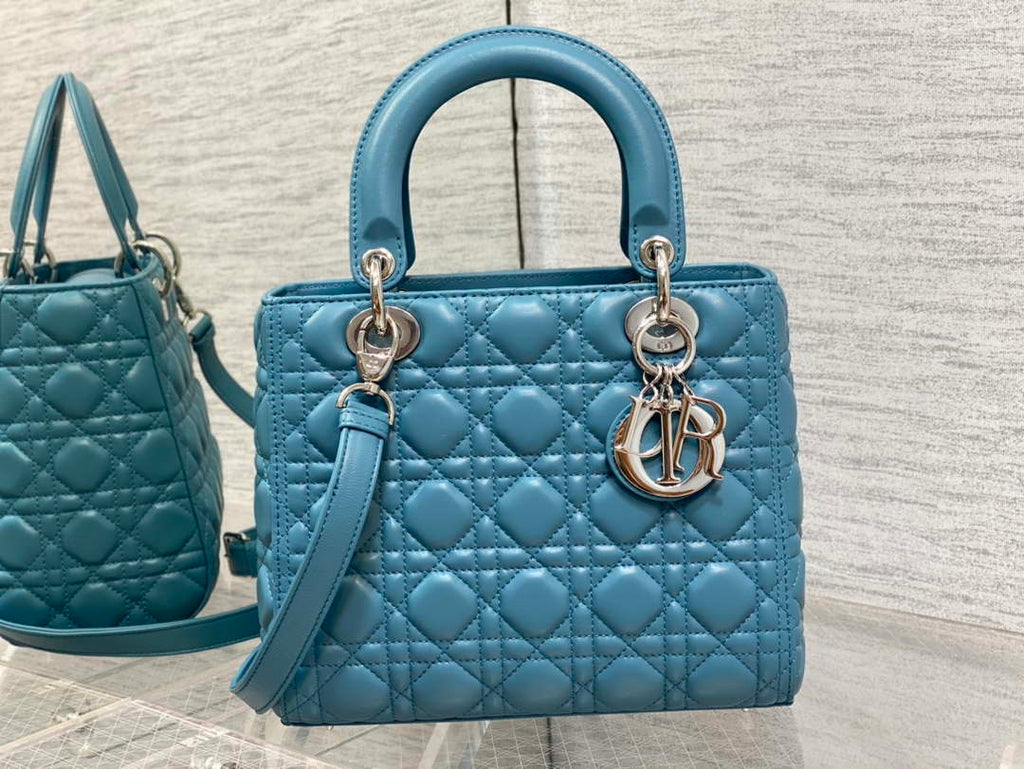 Dior M0565 Medium Lady Dior Bag Blue Cannage Lambskin Silver