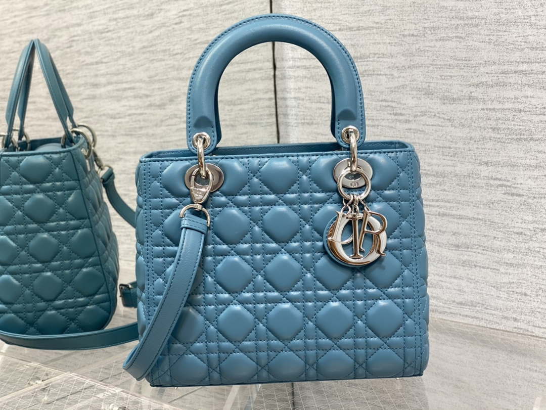 Dior M0565 Medium Lady Dior Bag Blue Cannage Lambskin Silver - Default Title - View 2