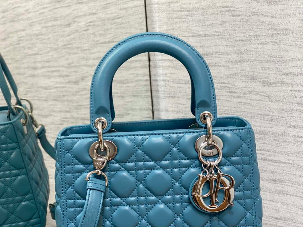 Dior M0565 Medium Lady Dior Bag Blue Cannage Lambskin Silver