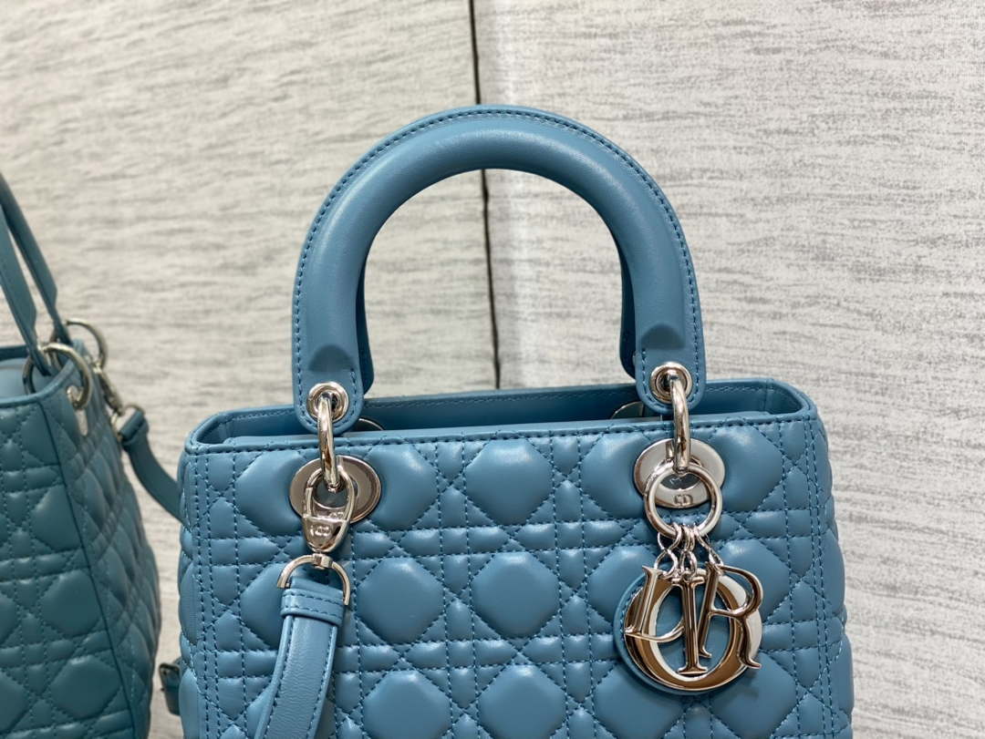 Dior M0565 Medium Lady Dior Bag Blue Cannage Lambskin Silver