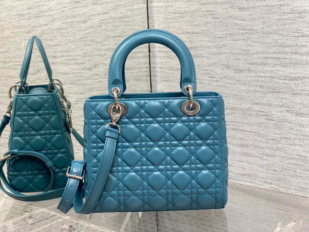 Dior M0565 Medium Lady Dior Bag Blue Cannage Lambskin Silver
