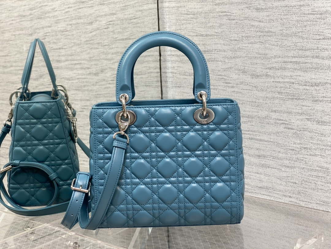 Dior M0565 Medium Lady Dior Bag Blue Cannage Lambskin Silver - Default Title - View 5