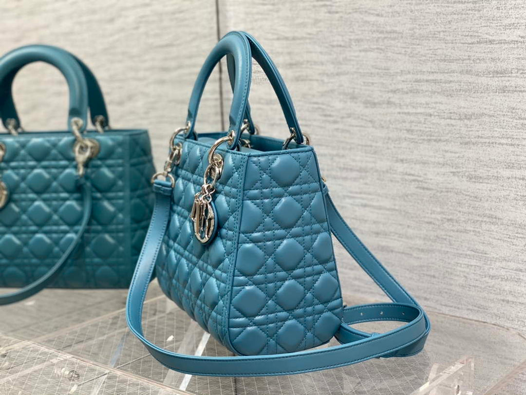 Dior M0565 Medium Lady Dior Bag Blue Cannage Lambskin Silver