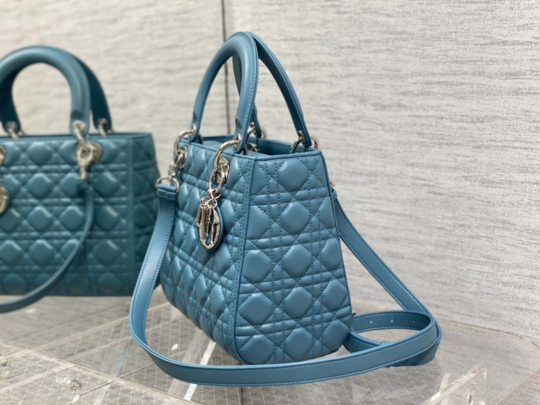 Dior M0565 Medium Lady Dior Bag Blue Cannage Lambskin Silver