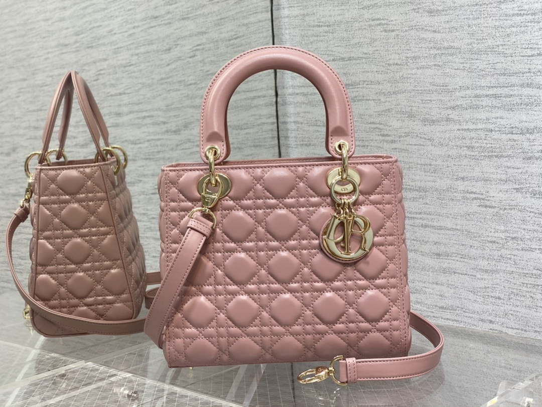 Dior M0565 Medium Lady Dior Bag  Blush Cannage Lambskin Gold - Default Title - View 1